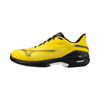 Foto lateral de la zapatilla Mizuno Wave Exceed Court padel shoes yellow black – calzado ligero y reactivo para jugadores rápidos